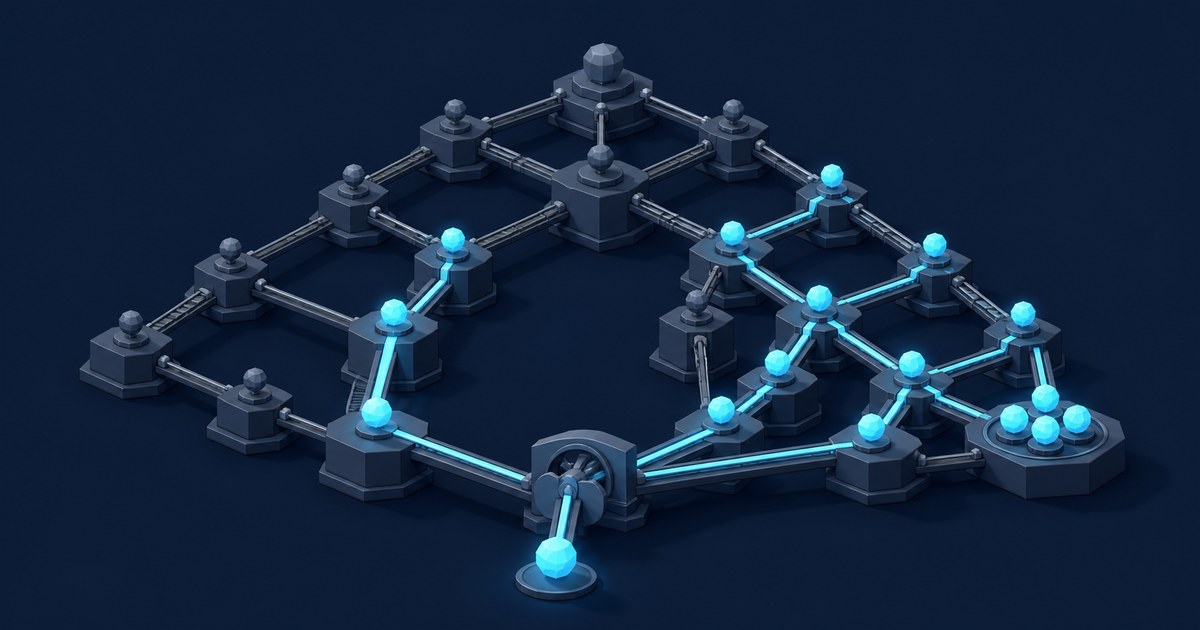 A dark 3D graph of connected nodes with cyan-lit routes branching from a source toward clustered targets, evoking vector search traversal.