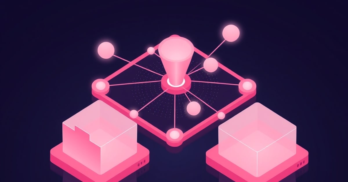 A pink isometric beacon on a diamond platform radiates glowing nodes over a dotted search field, flanked by two open translucent cubes representing matched and missed nearest neighbors.