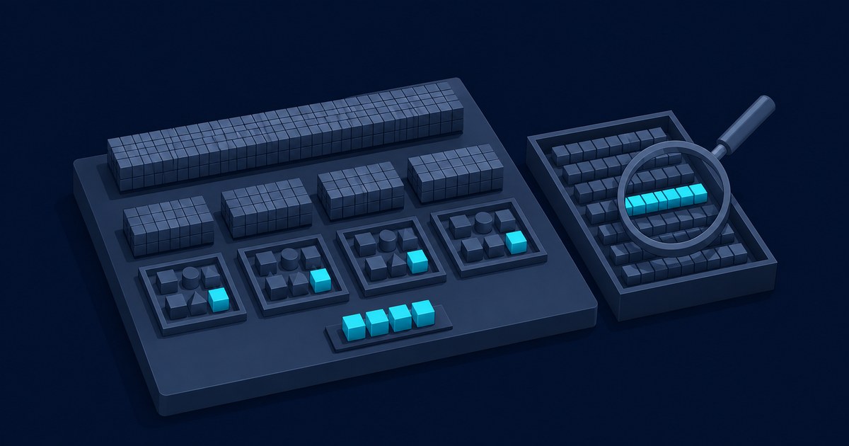 A dark blue 3D matrix of segmented blocks and cyan-highlighted cells, with a magnifying glass visualizing vector quantization.